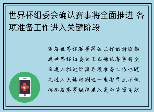 世界杯组委会确认赛事将全面推进 各项准备工作进入关键阶段